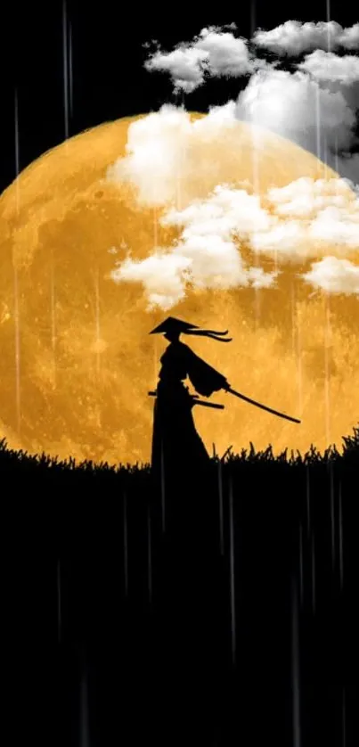 Samurai stands beneath the golden moon in the rain, creating a mystical night scene.