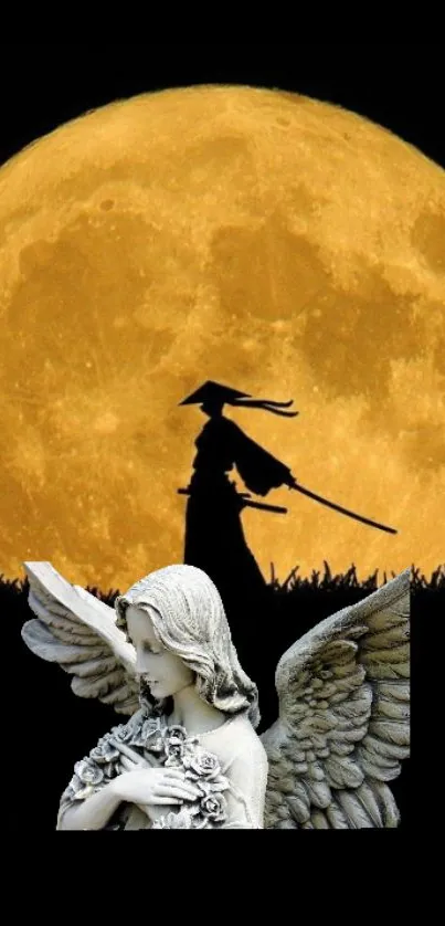 Samurai silhouette under a glowing golden harvest moon with angel statue foreground.