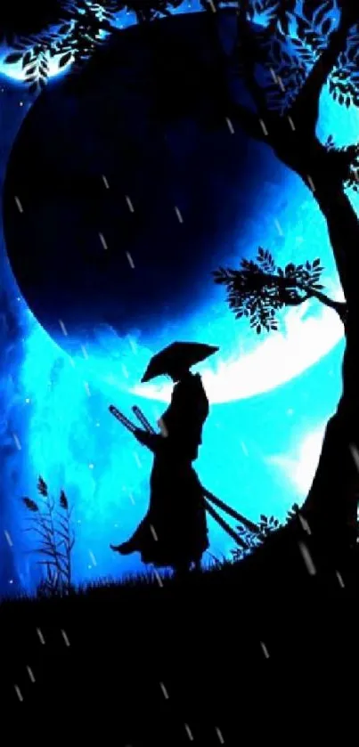 Silhouette of a samurai under a blue moonlit sky, standing by a tree.