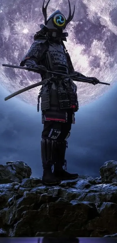 Futuristic samurai standing under a full purple moon on rocky terrain.