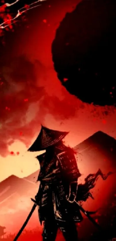 Samurai silhouette under a striking red moon with dark mountains.