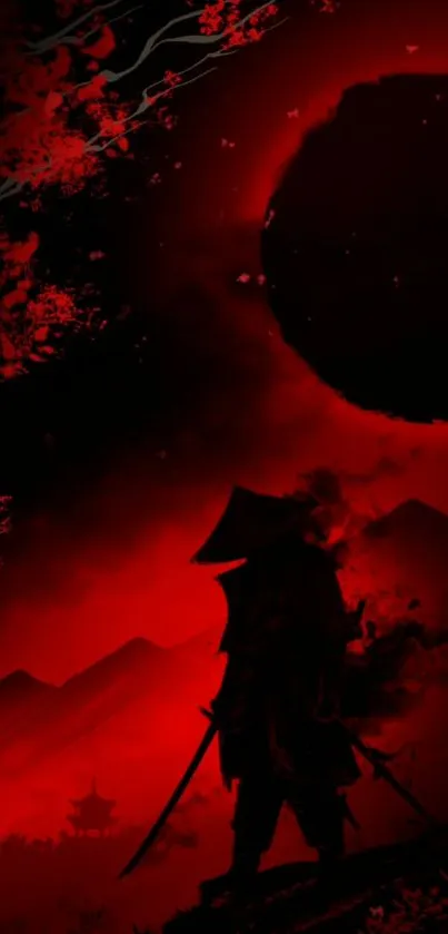 Samurai silhouette under a red moon with dramatic black and red contrast.