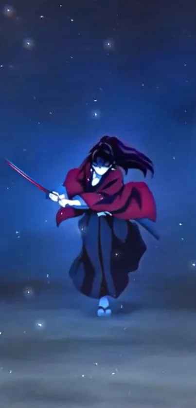 Anime samurai in a red cloak under a starry night sky wallpaper.