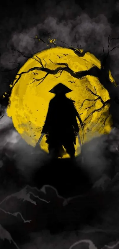 Samurai silhouette against a yellow moon.