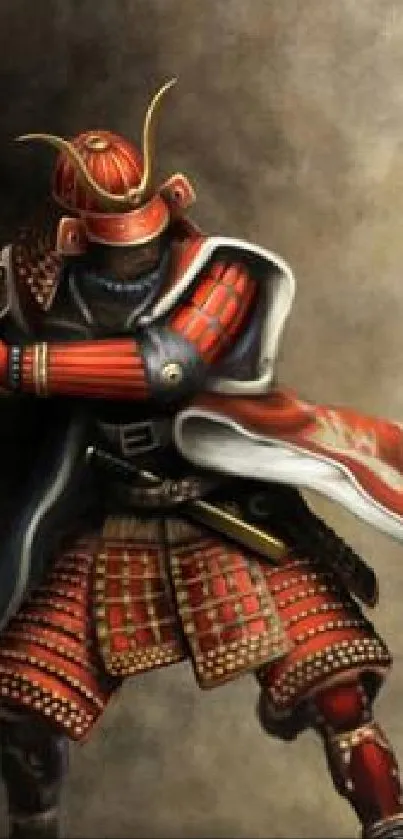 Samurai warrior in traditional armor, poised for battle against a textured background.