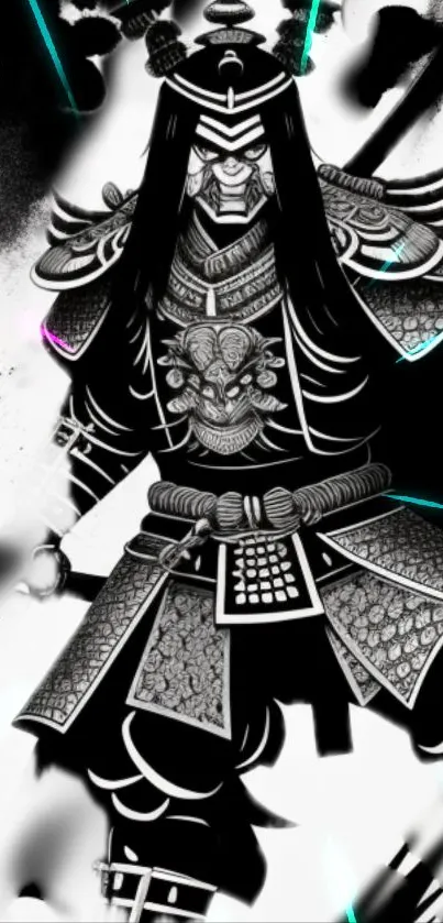 Black and white samurai warrior with neon accents.