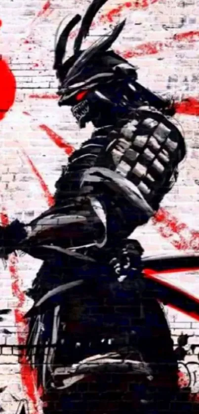 Samurai warrior art with vivid colors on a textured wall background.