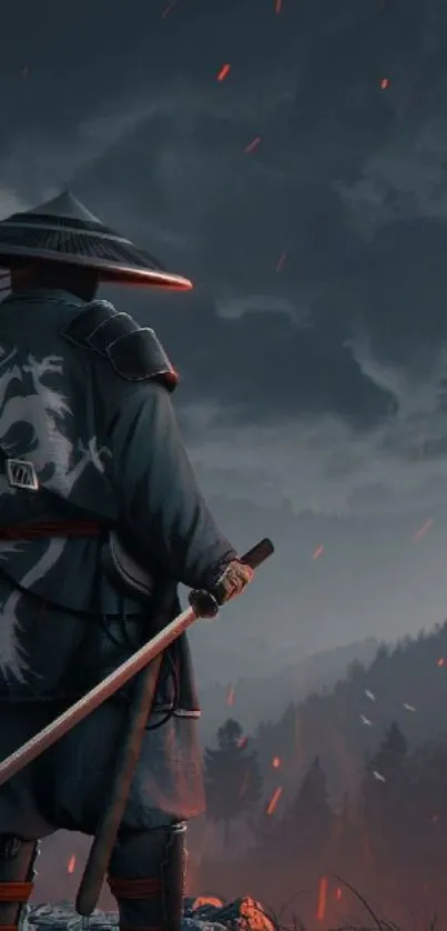 Samurai silhouette with sword at dawn under a dark, cloudy sky.