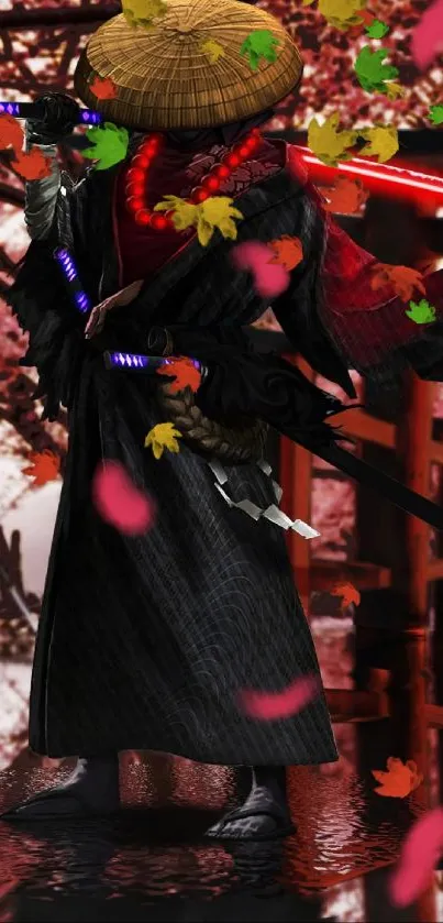 Futuristic samurai with glowing swords amid cherry blossoms.