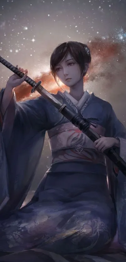 Samurai warrior holding katana in a serene fantasy scene.