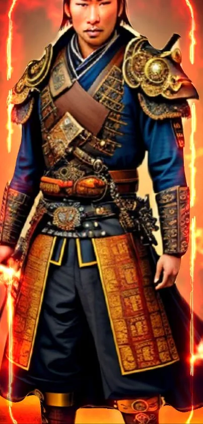 Samurai warrior in armor with fiery background.