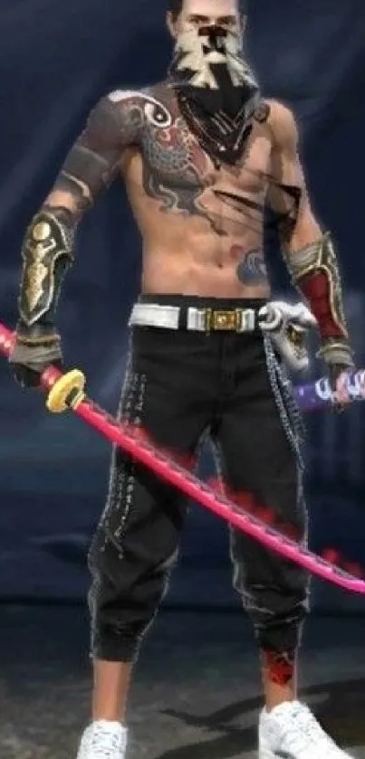 Tattooed samurai warrior with sword in a digital gaming art style.