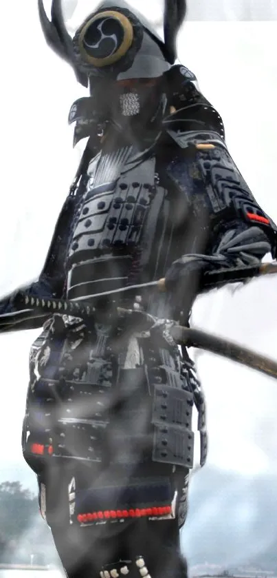 Samurai warrior in detailed black armor holding a bow.