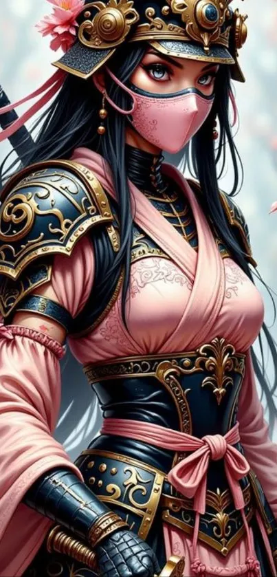 A female samurai in pink armor with cherry blossoms around her.