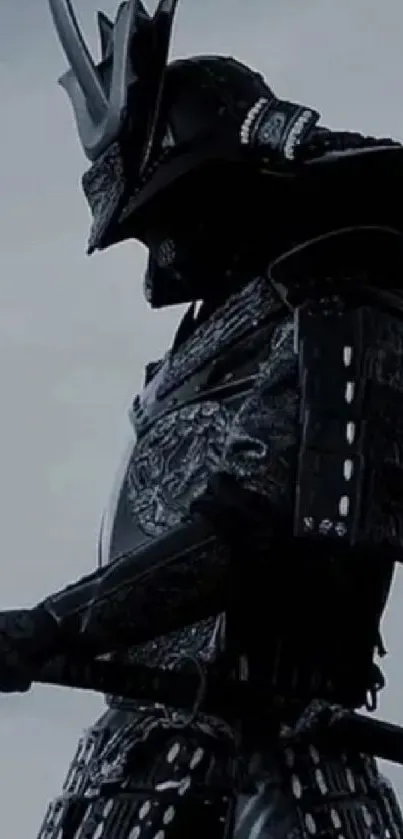 Silhouetted samurai warrior in black armor with sword.