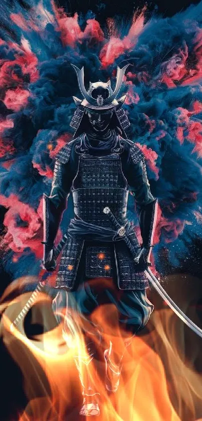 Samurai warrior surrounded by flames and smoky colors on mobile wallpaper.