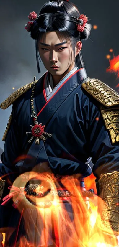 Samurai warrior in dark blue armor with fiery background.