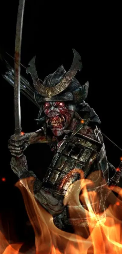 Samurai warrior amidst fiery flames in striking wallpaper.