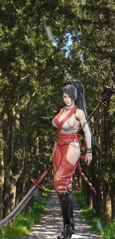 Female samurai warrior with sword in forest path.