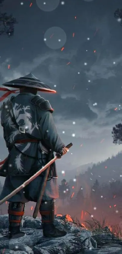 Samurai warrior stands in a mystic forest under a dramatic sky.