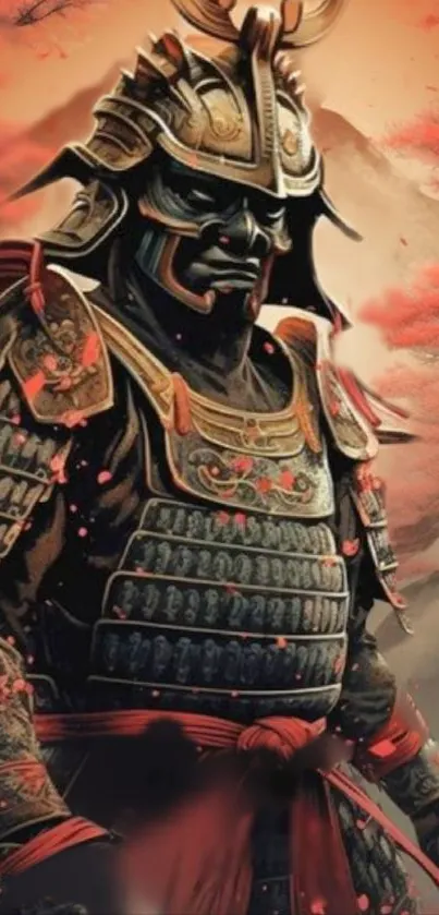 Samurai warrior in armor with red and black background.