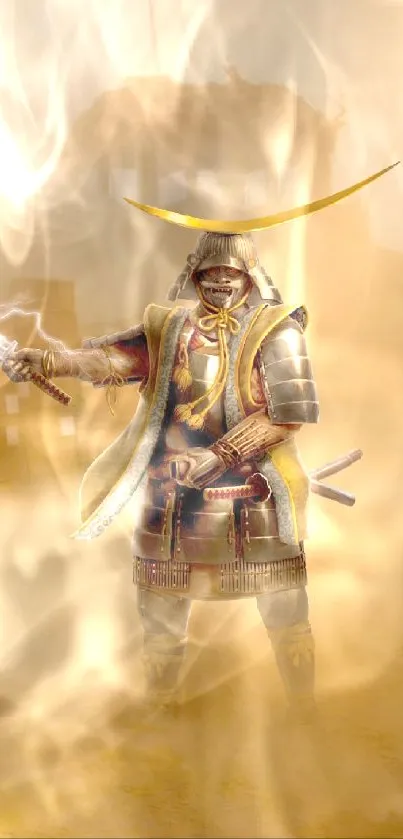 Samurai warrior with lightning sword and golden armor in mist.