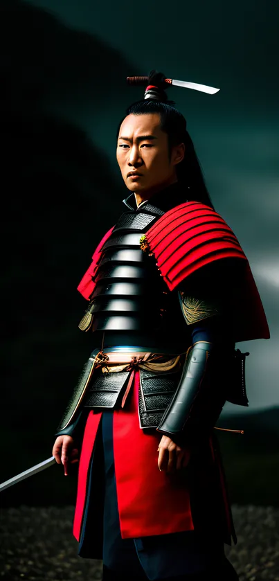 Samurai warrior in red armor with sword on a dark background.