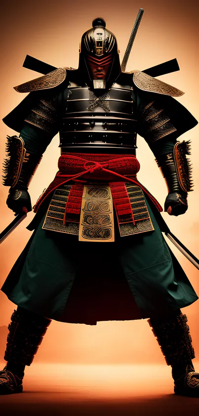 Samurai warrior in traditional armor, holding swords against an orange background.