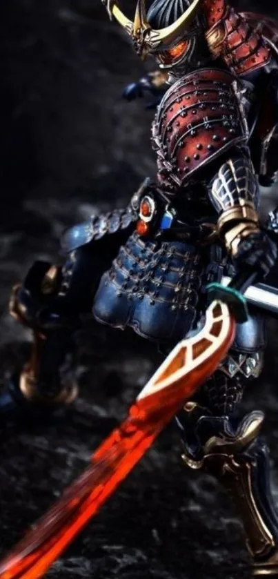 Samurai warrior with fiery sword on dark background.