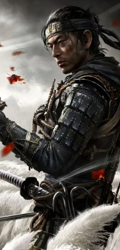 Samurai warrior with sword and red leaves wallpaper