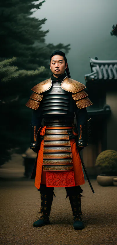 Samurai warrior in armor stands by a traditional Japanese temple.