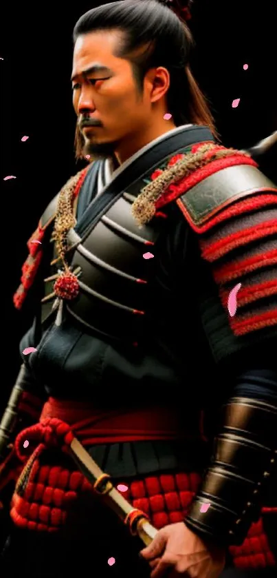 Striking samurai warrior in red armor against a black backdrop.