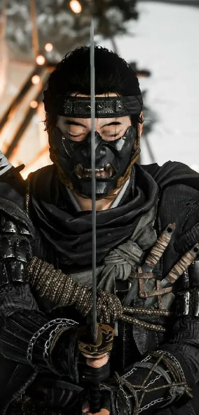 Samurai warrior in dark armor holding a sword in a focused pose.