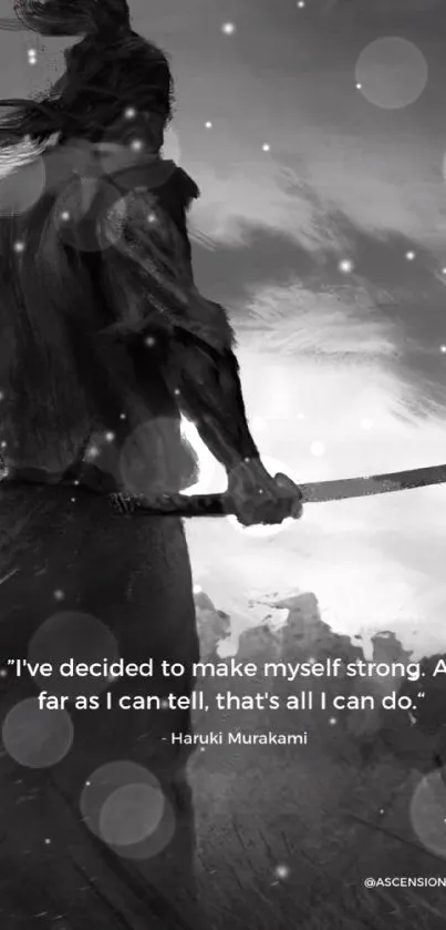 Black and white samurai warrior with a katana and a quote by Haruki Murakami.