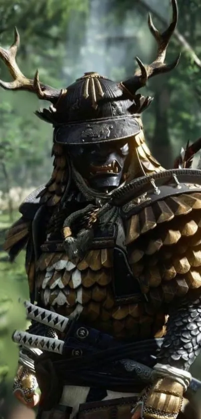 Samurai warrior in detailed armor set against a lush forest background.
