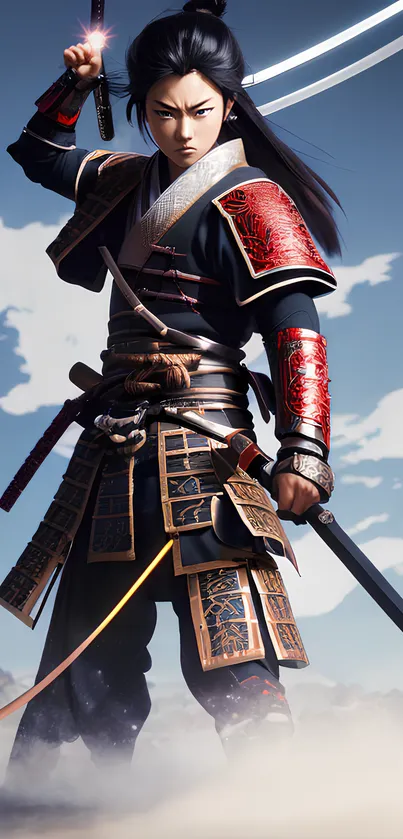 Samurai warrior in traditional armor with swords in a dynamic pose.