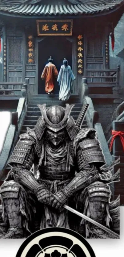 Samurai in armor before temple gateway.