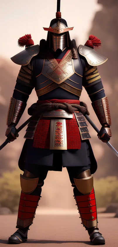 Samurai warrior in traditional armor with swords drawn.