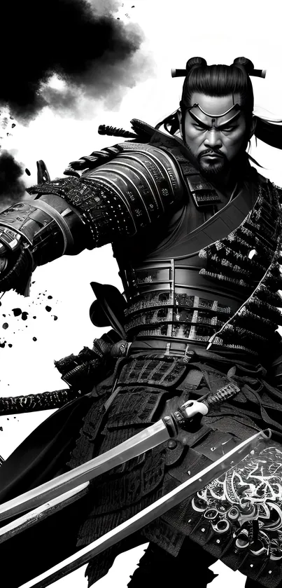 Black and white samurai warrior with a sword in artistic detail.