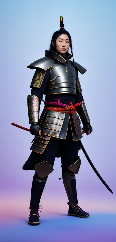 Samurai warrior in full armor posing against a blue gradient background.