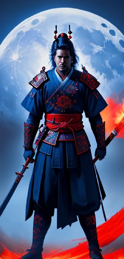 Epic samurai warrior in front of a full moon with a fiery sword.