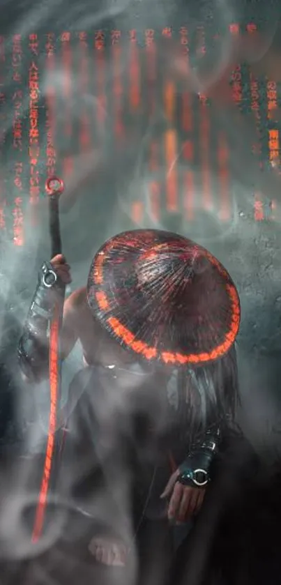 Samurai warrior with neon hat and misty background in dark gray tones.