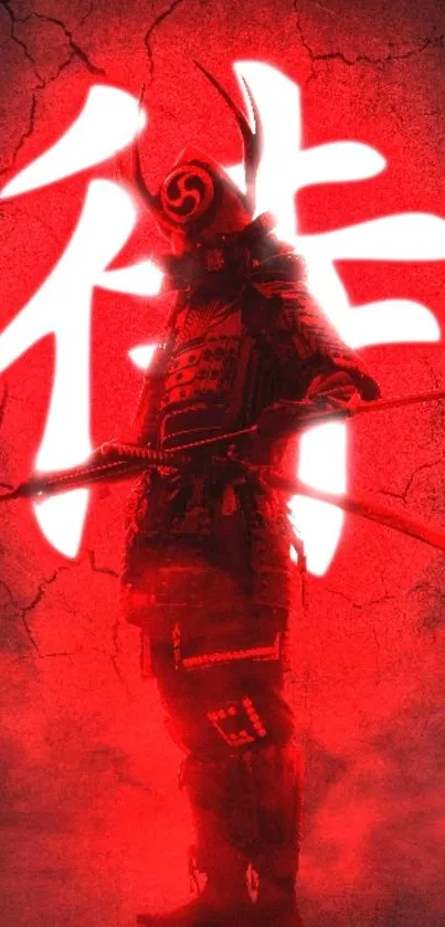 Neon samurai with red glow on dark cracked background.