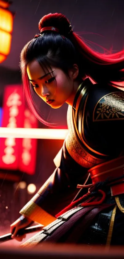 Samurai warrior with neon lights in a dramatic night scene.