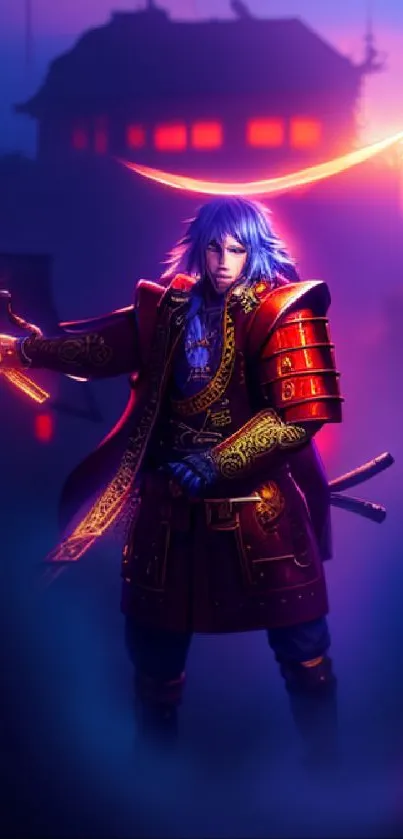 Samurai warrior in vibrant night scene with enchanting colors and detailed armor.