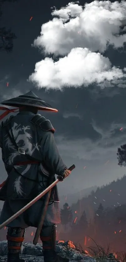 Samurai warrior standing in a night landscape with dark blue sky.