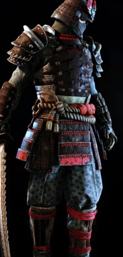 Detailed samurai warrior in armor with sword on a black background.