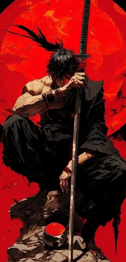 Samurai kneels under red moon holding sword in anime style art.