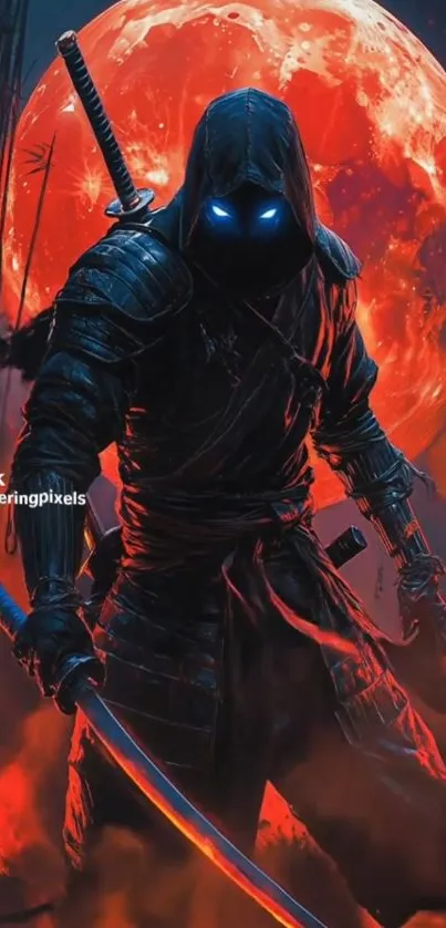 Samurai warrior with glowing eyes and red moon.