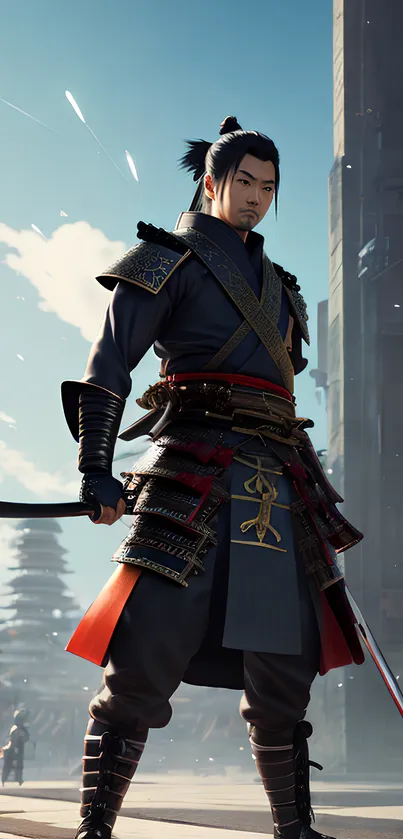 Samurai warrior in modern cityscape wallpaper.